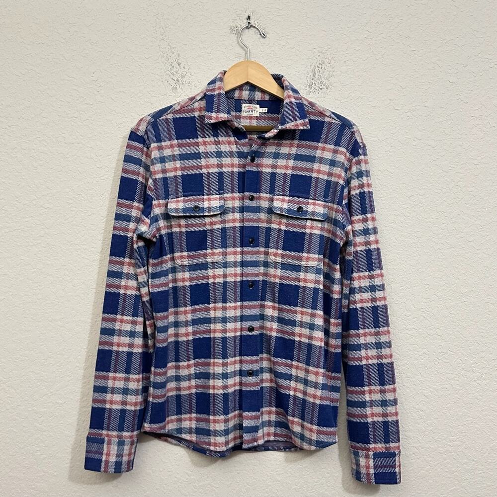 FAHERTY Legend Sweater Shirt Blue Red Plaid Knit Button Up Long Sleeve